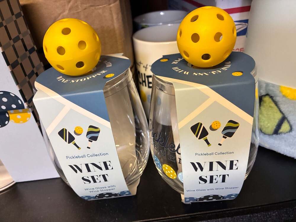 Pickleball Themed 2 sets of Cheese Knife Set, 2 Wine Glasses and Wine Stoppers.